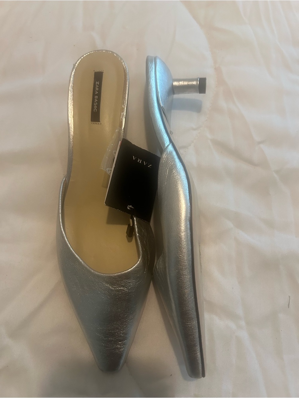 Zara Metallic Silver Pointed Toe Slip-On Mules